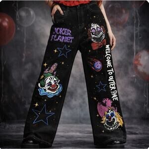 Romwe Grunge Punk JOKER Pattern Straight Wide Leg Jeans US 12 XL EU 44